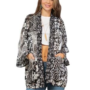 Young Threads Sheer Black White Bohemian Patchwork Design Kimono - Large